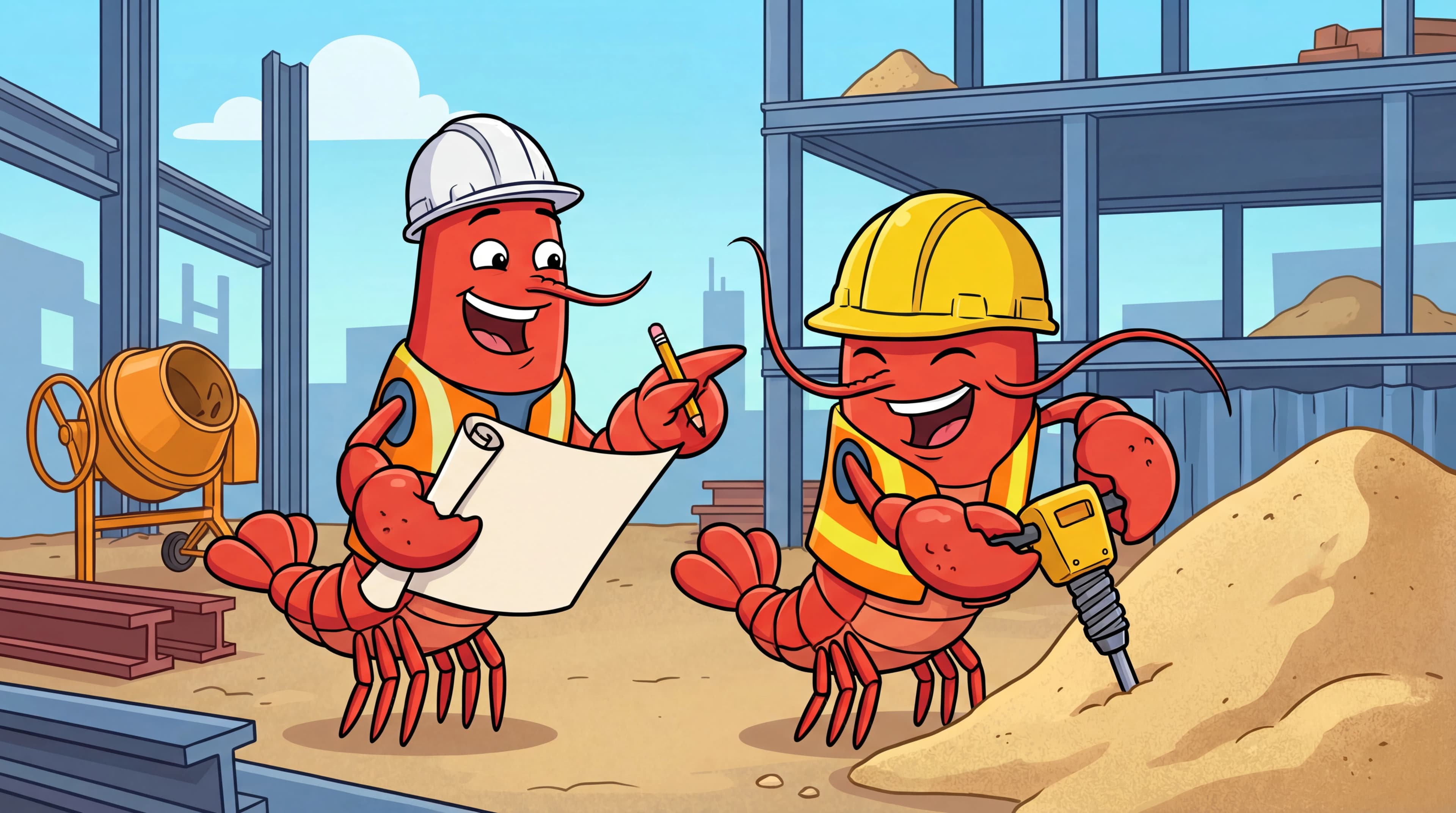 Two lobster construction workers collaborating on a building project with blueprints and power tools
