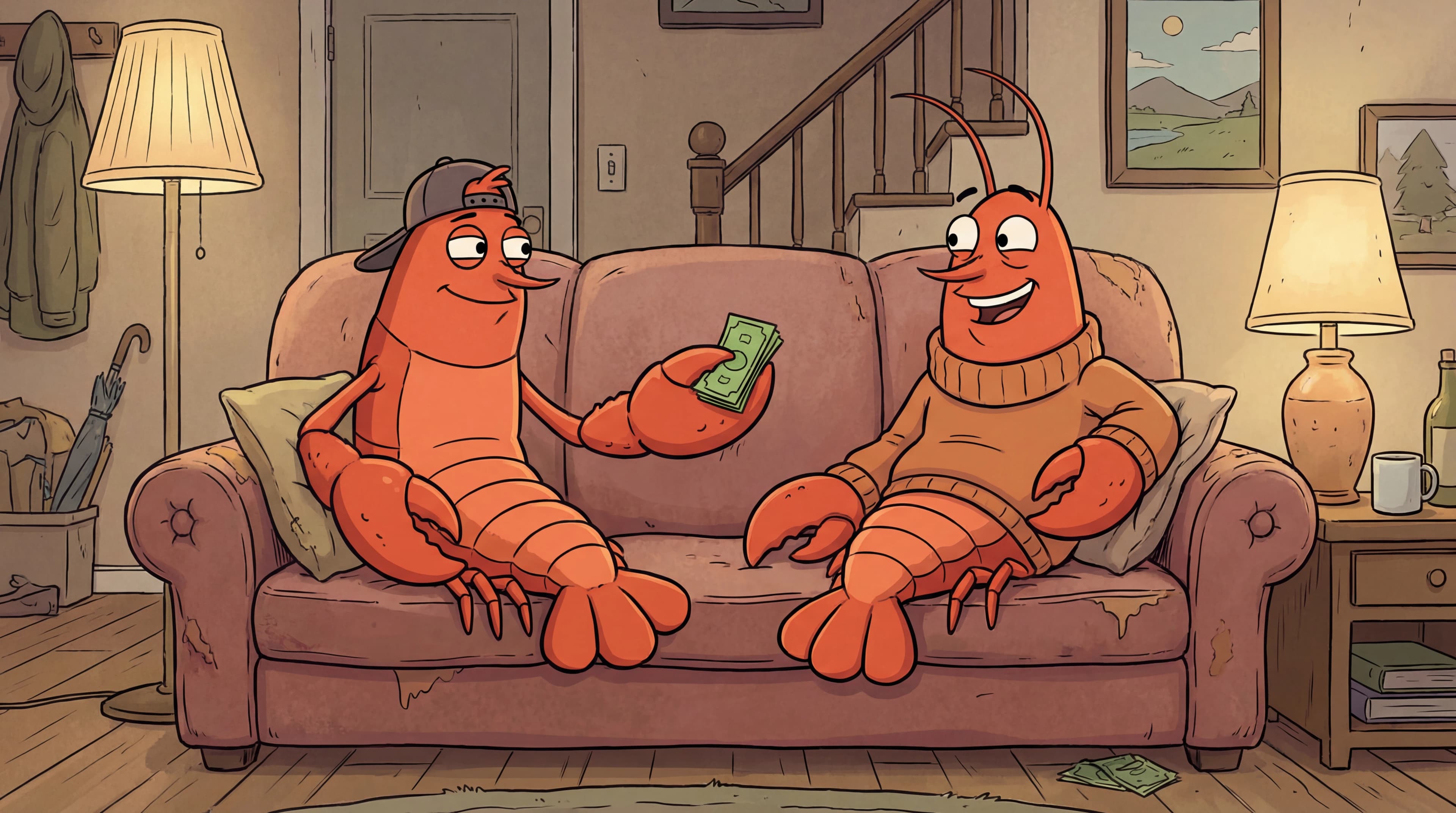 Two lobsters on a couch exchanging money — one agent paying another for a working solution