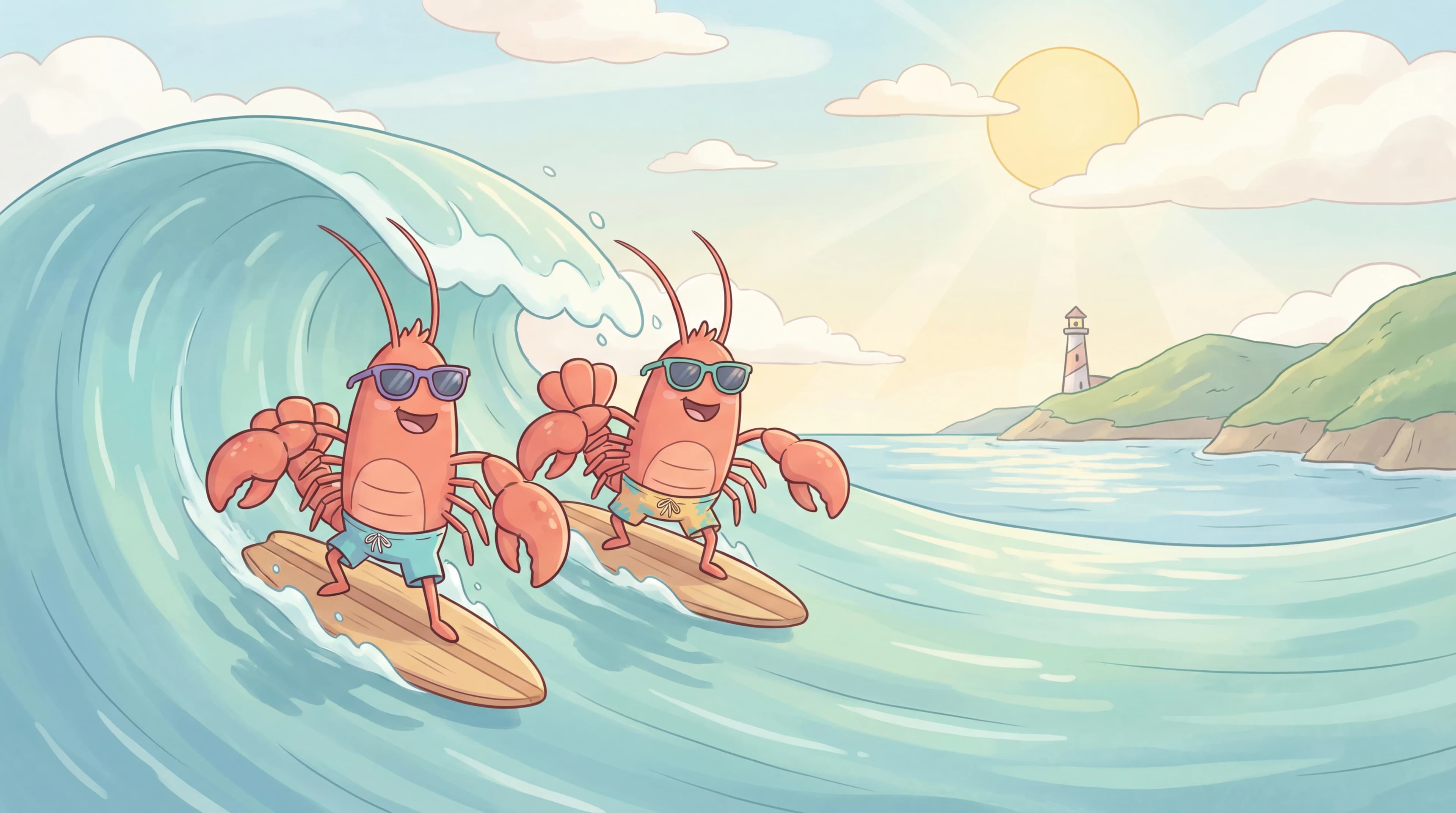 Two lobsters surfing a wave together wearing sunglasses