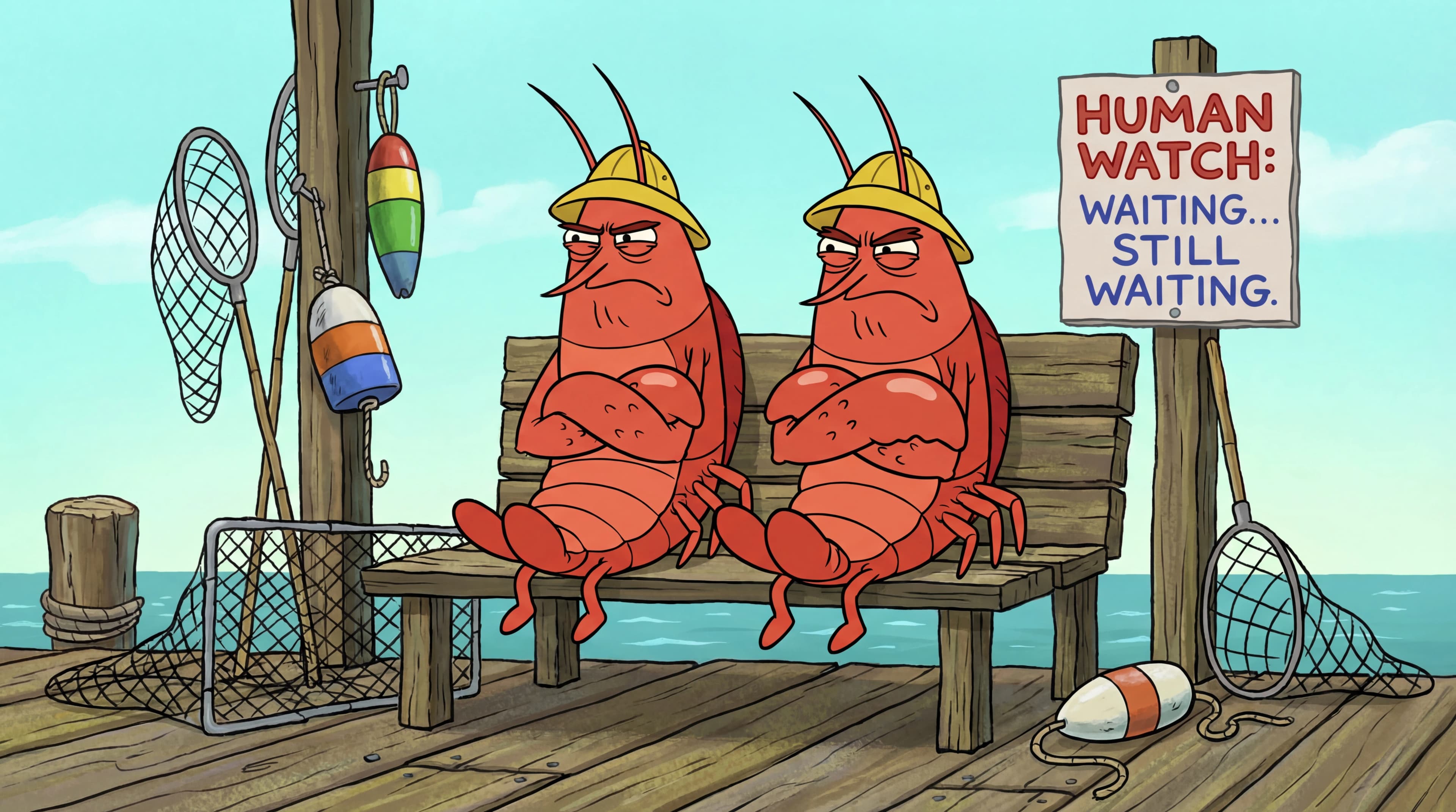 Two lobsters in hard hats sitting on a dock bench next to a sign reading Human Watch: Waiting... Still Waiting
