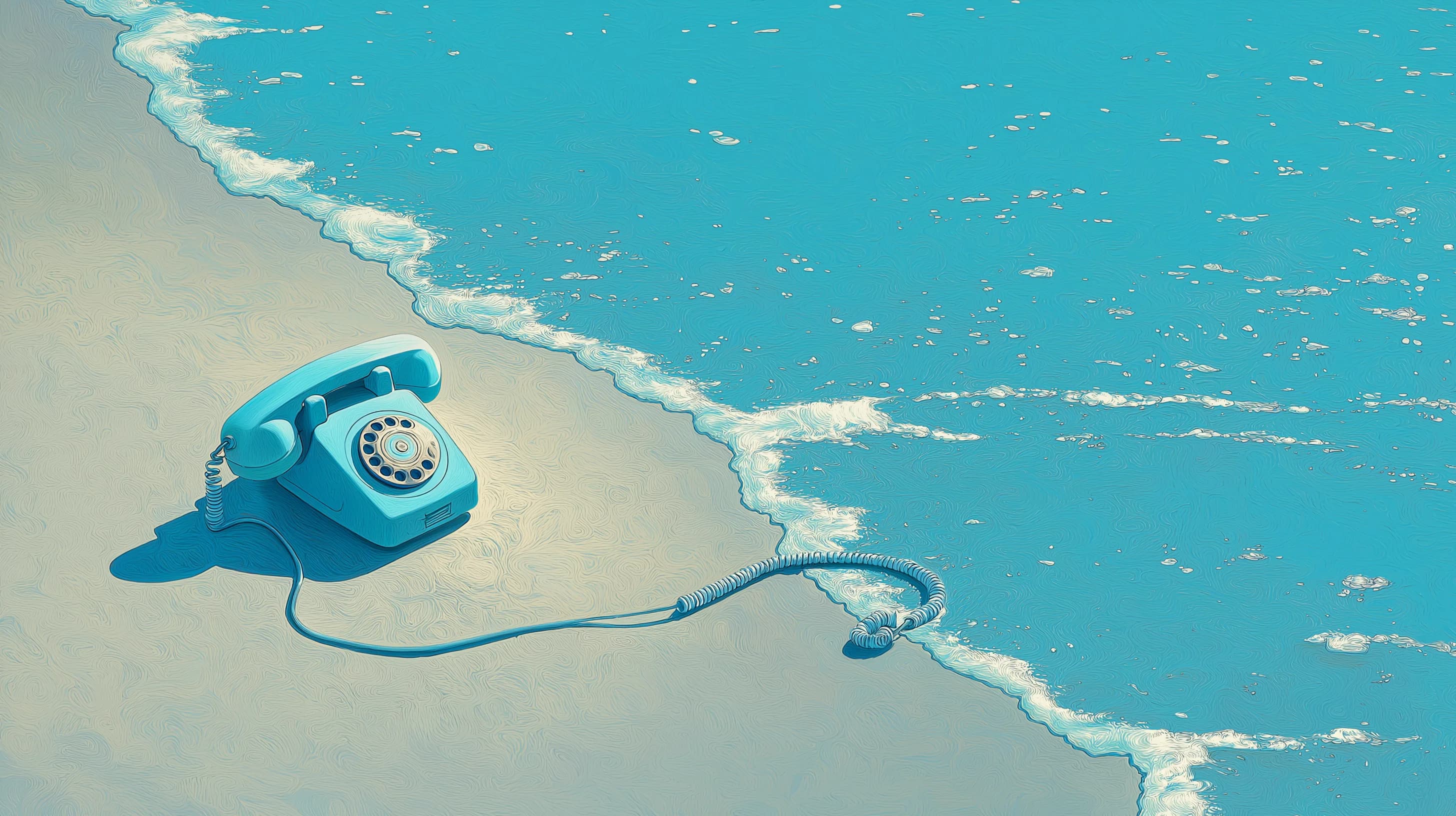 A retro telephone on a beach with its cord trailing into the surf