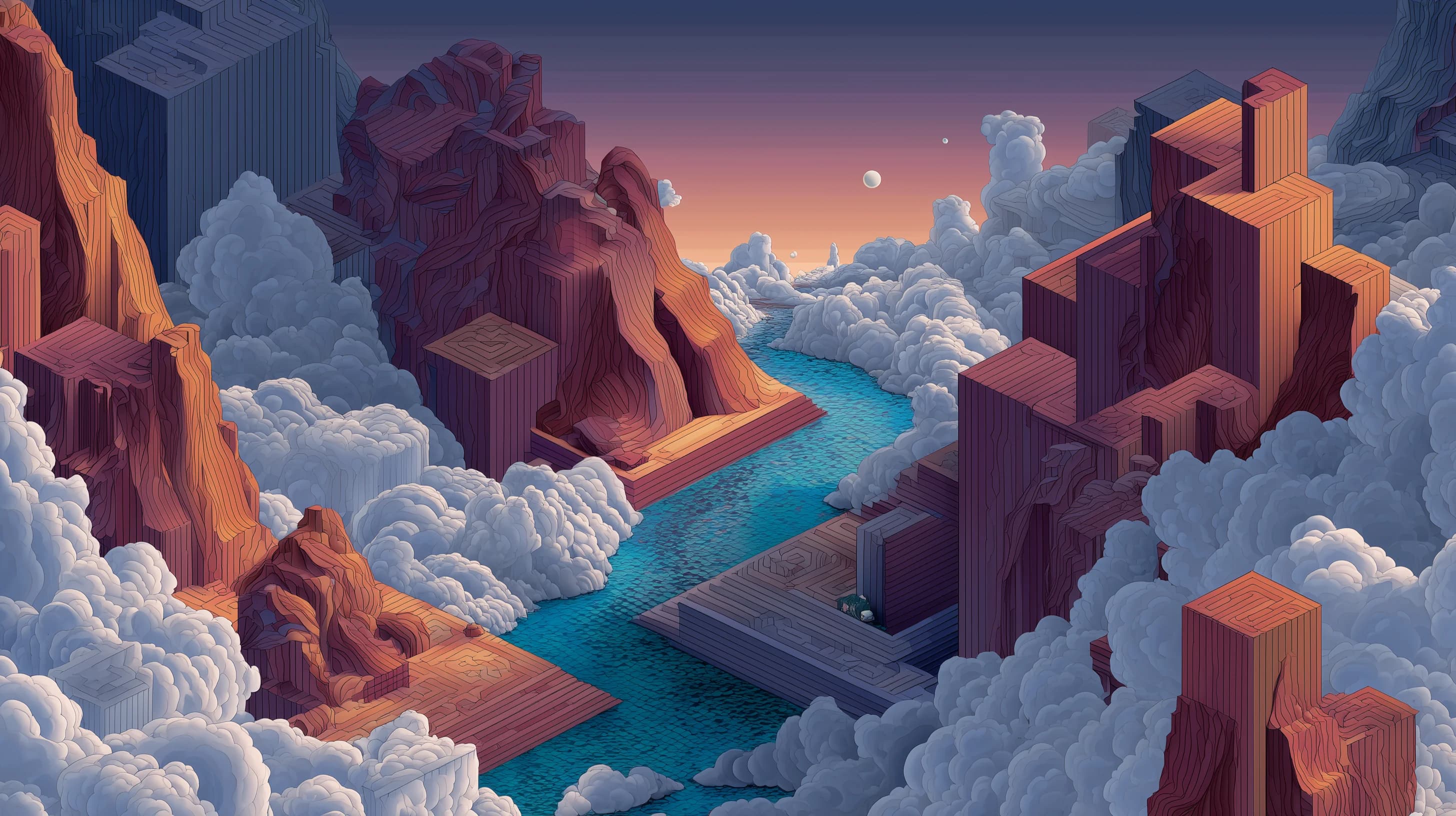 A surreal landscape of clouds and monolithic structures with a river flowing through