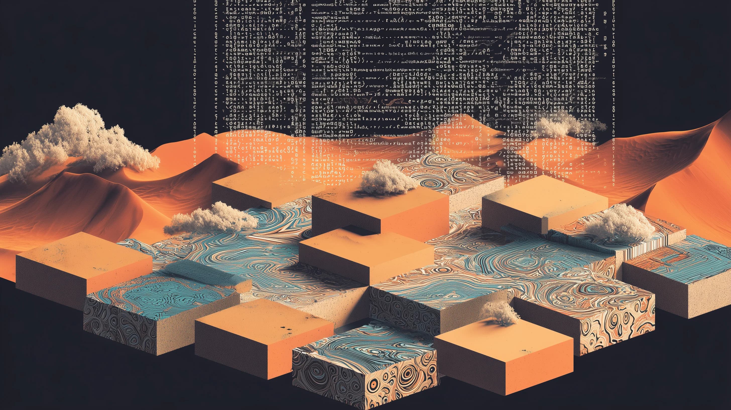 Desert landscape with code overlay and geometric blocks representing cached code modules