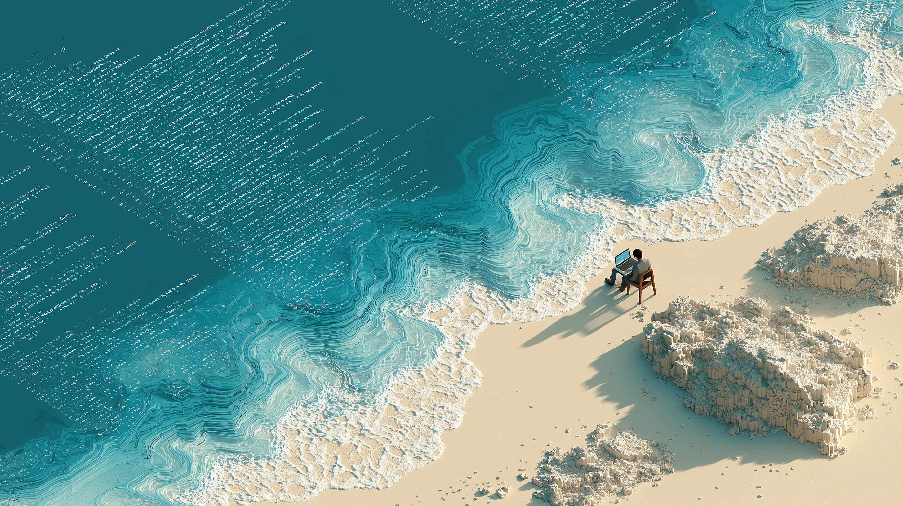 A person coding on a laptop at a beach with code flowing into the ocean waves